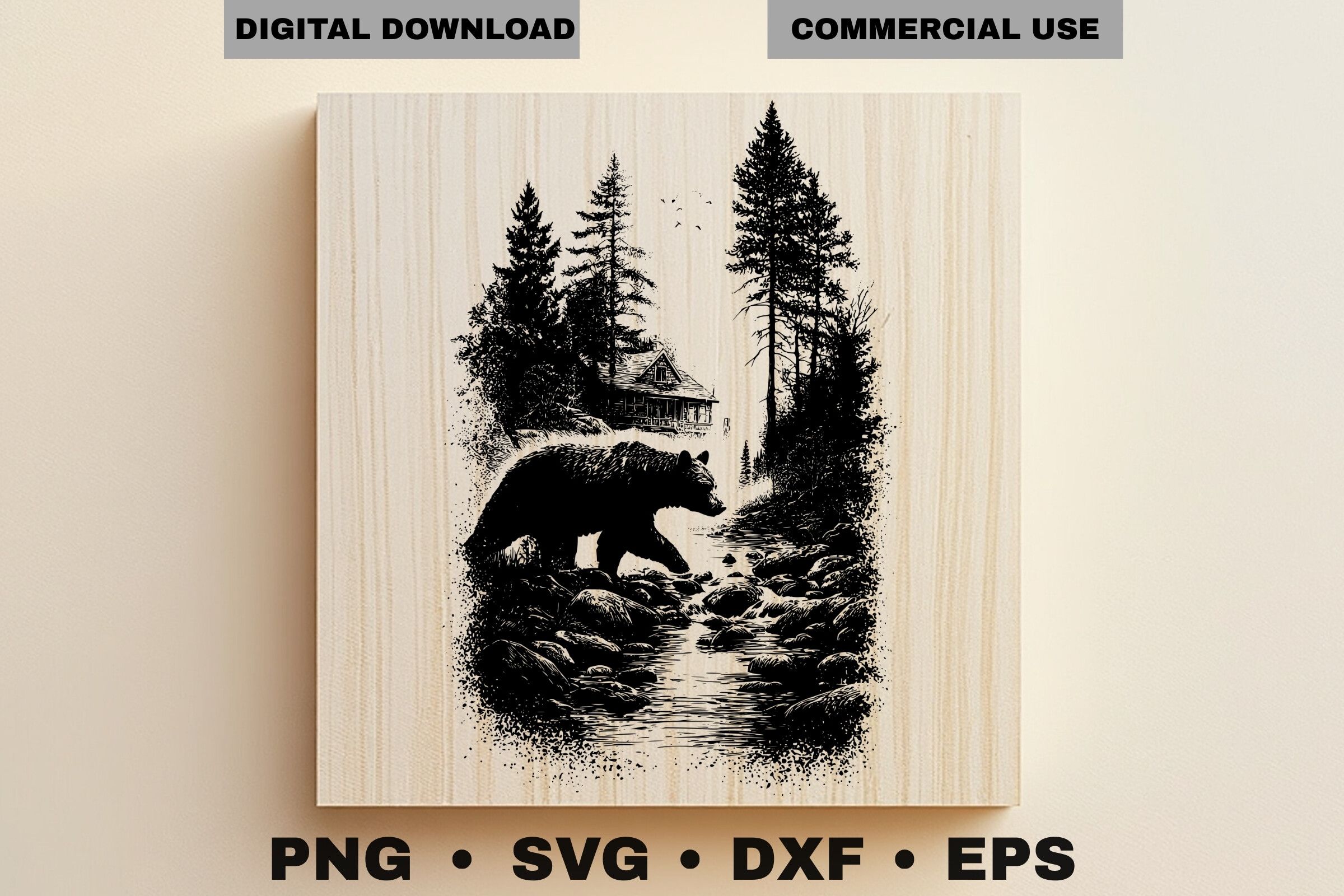 Bear Forest Engraving Cabin SVG Art